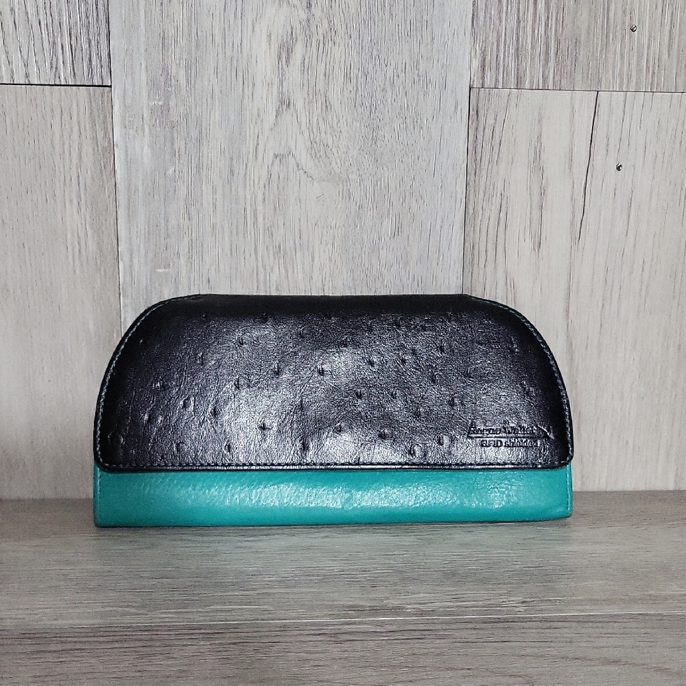 Rogue RFID Faux Ostrich‎ Black Teal Clutch Wallet